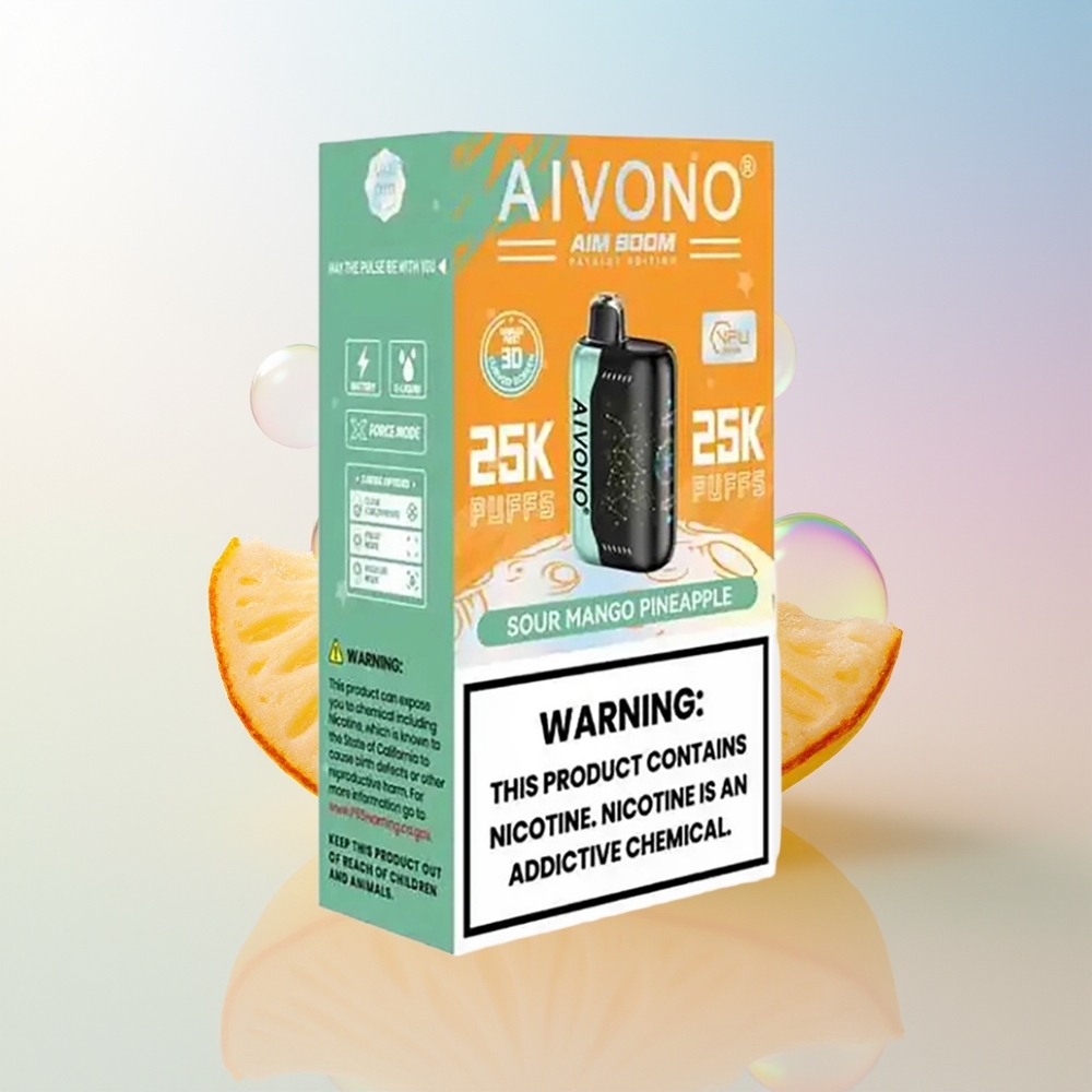 Wholesale Croatia Aivono Aim Boom 25000 Puffs Kisela Mango Ananas 0 2 3 5 Nikotina 28ml E-Liquid 650mAh Baterija 12 ohm Mesh Coil Type-C Punjenje 90g Težina