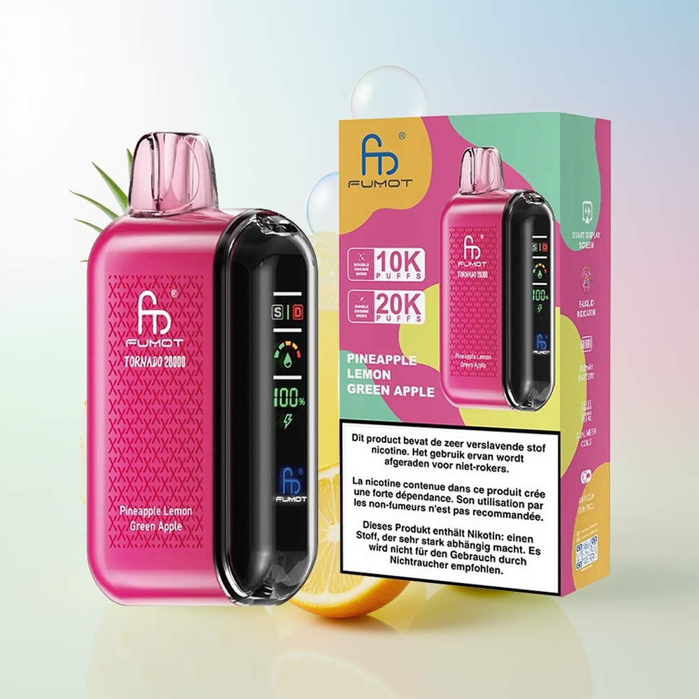 Wholesale Croatia Fumot Tornado 20000 Puffs Ananas Limun Zelena Jabuka Dual Mesh Coil Smart Display Airflow Control 850mAh