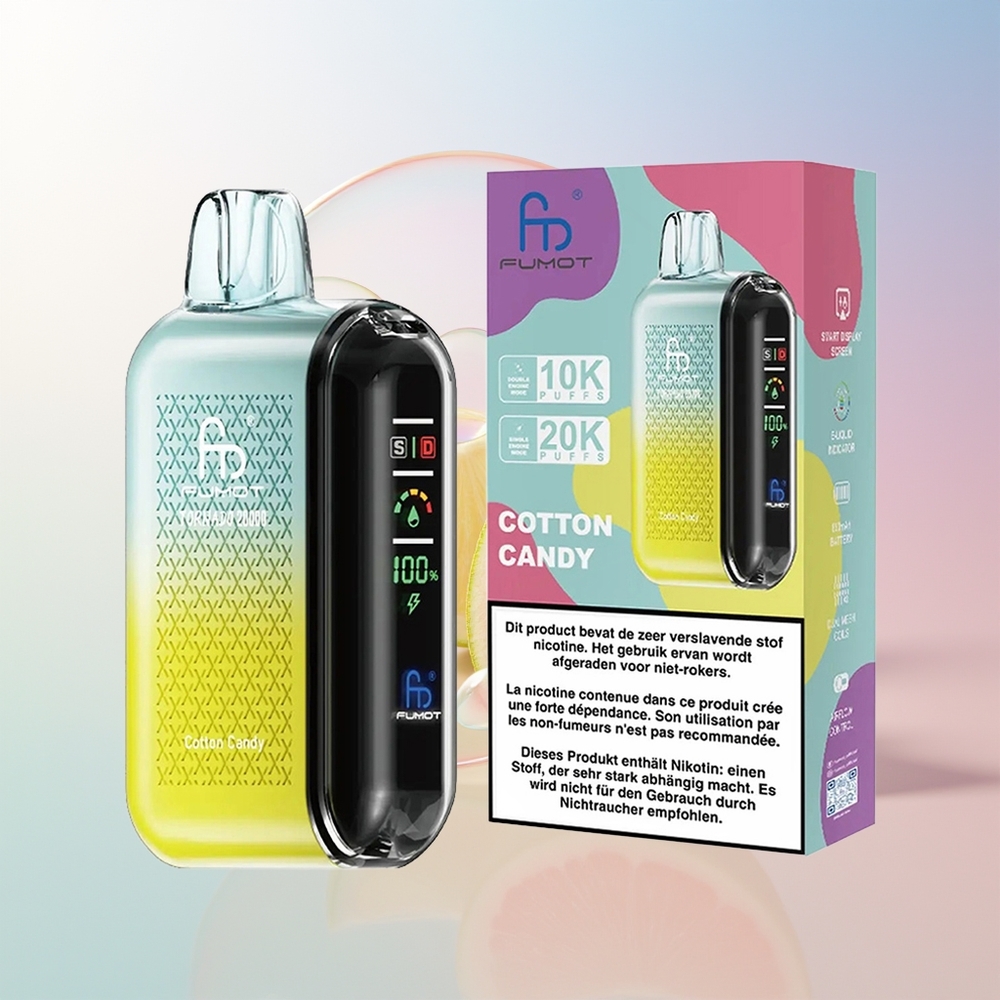 Wholesale Croatia Fumot Tornado 20000 Puffs Bombon od pamučnog slatkiša Dual Mesh Coil 20ml 850mAh Smart Display Airflow Control 2 Nicotine Single Engine Mode
