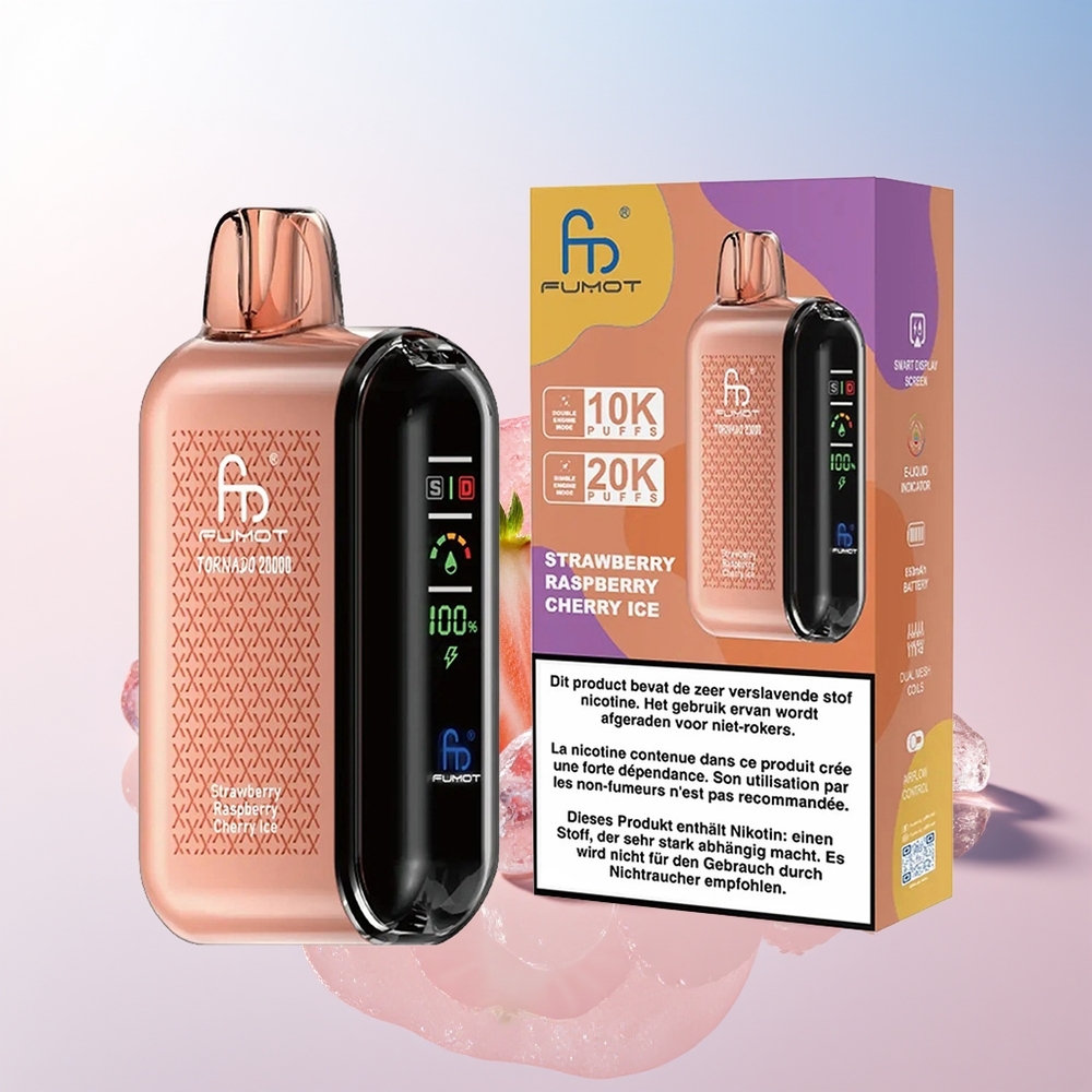 Wholesale Croatia Fumot Tornado 20000 Puffs Dual Mesh Strawberry Malina Trešnja Led 20ml 850mAh Display Airflow 2 Nic Single Engine