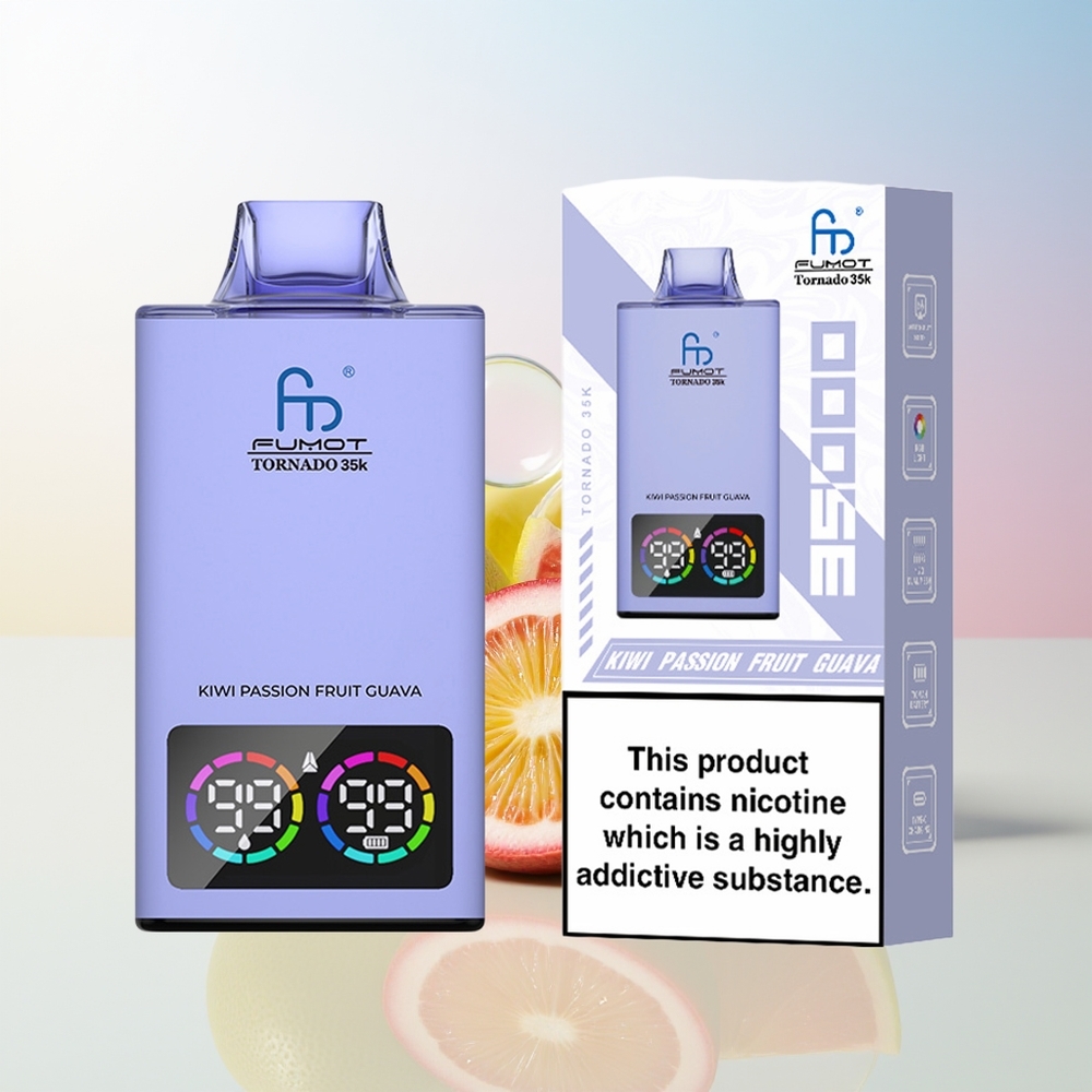 Wholesale Croatia Fumot Tornado 35000 Jednokratna Vape Kiwi Passion Fruit Guava Dual Mesh Coil E-liquid Indicator Variable RGB Lights 15ml E-juice 700 MAH Battery Fast Charging USB-C