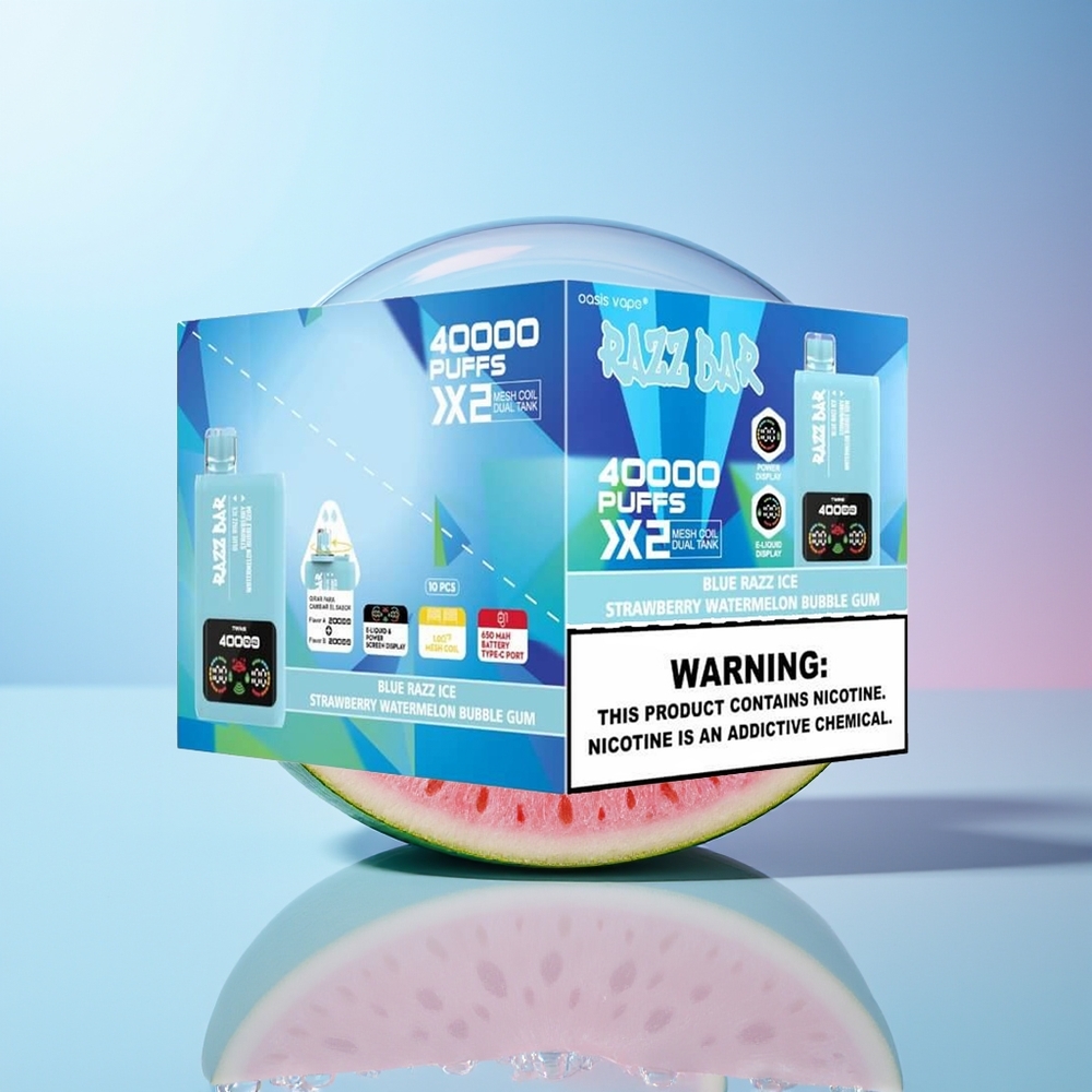 Wholesale Croatia Razz Bar 40000 Puffs Jednokratna Vape Plavi Razz Ledeni-Jagoda Lubenica Bubica Žvakača Power Screen Display 10Ohm 2 Mesh Coil 650 Mah Type-C Port 2 5 Nicotine