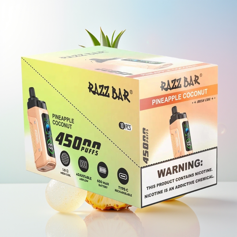 Wholesale Croatia Razz Bar 45000 Puffs Ananas Kokos Mrežni Om 10 Tip-C Punjenje Podesivi Protok Zraka 650 mAh Baterija 20 mg/ml Nikotina