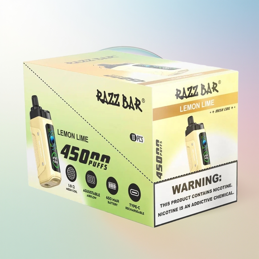 Wholesale Croatia Razz Bar 45000 Pufova Jednokratna Vape Limeta Limun 10 Ohm Mesh Coil Podesivi Protok Zraka 650 mAh Battery Type-C Punjenje 20 mg/ml Nikotina