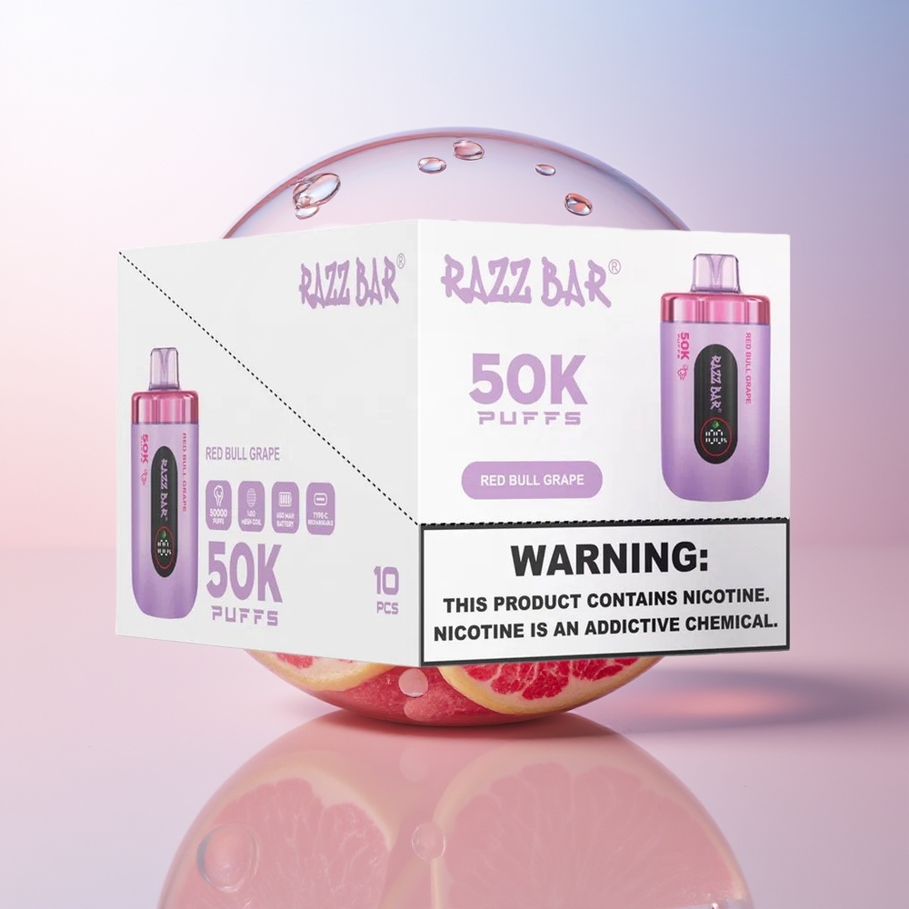 Wholesale Croatia Razz Bar 50K Puffs Jednokratna Vape Crveni Bik Grožđe 50000 Puffs 10 Ohm Mesh Coil 650mAh Type-C 2 Nicotine